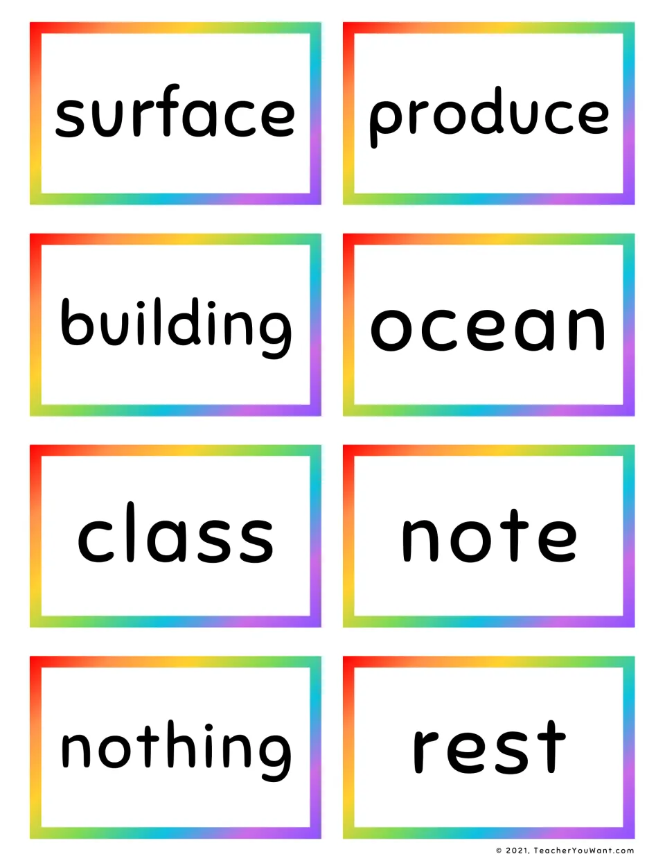 Fry sight word flashcards 29–36: surface, produce, building, ocean, class, note, nothing, and rest
