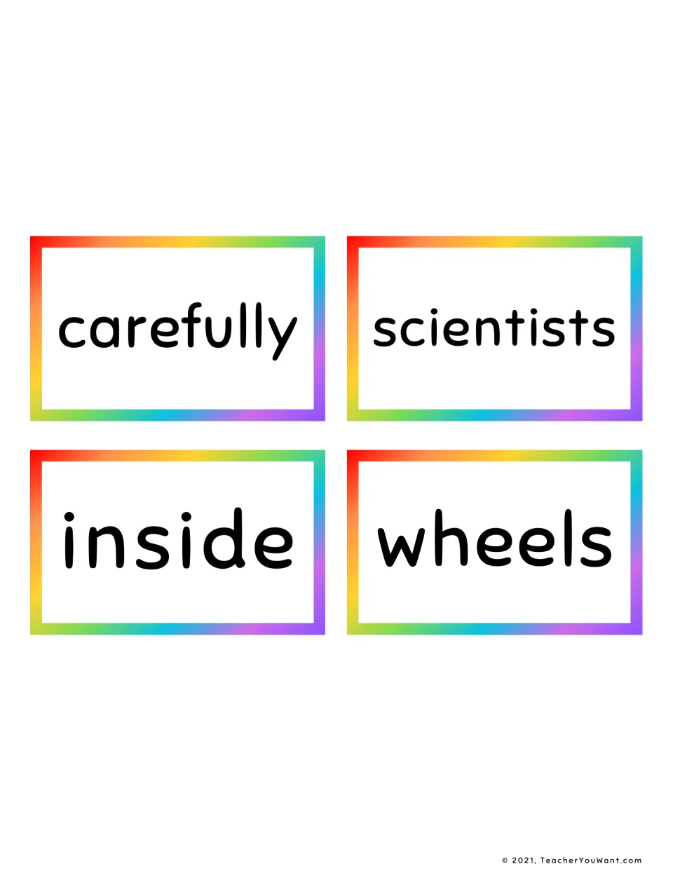 Fry sight word flashcards 37–40: carefully, scientists, inside, and wheels, for reading practice