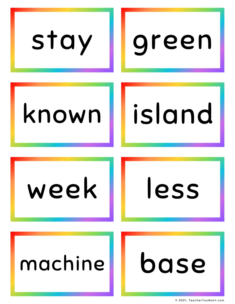 Fry sight word flashcards 41–48: stay, green, known, island, week, less, machine, and base