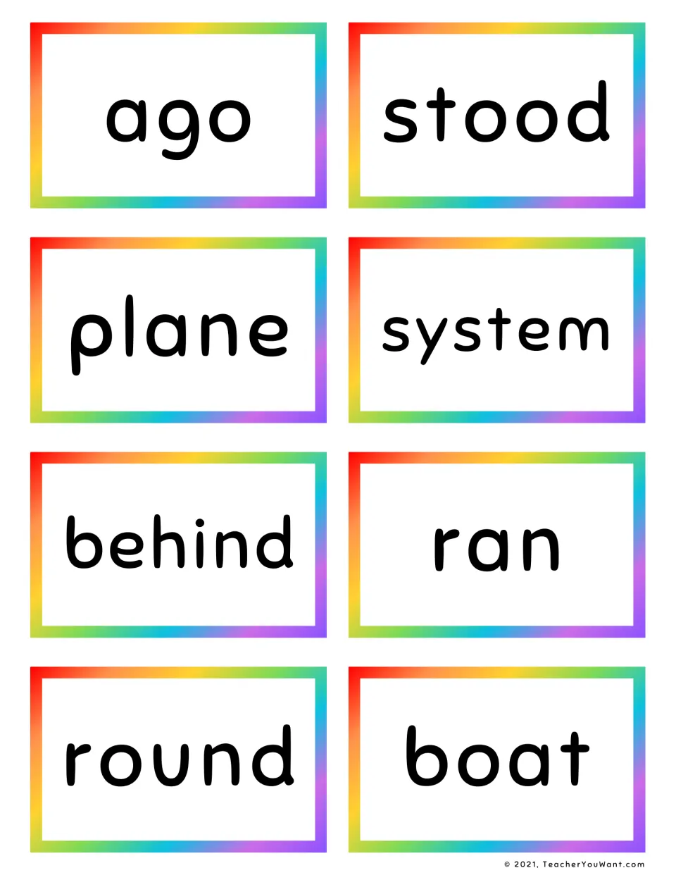 Fry sight word flashcards 49–56: ago, stood, plane, system, behind, ran, round, and boat