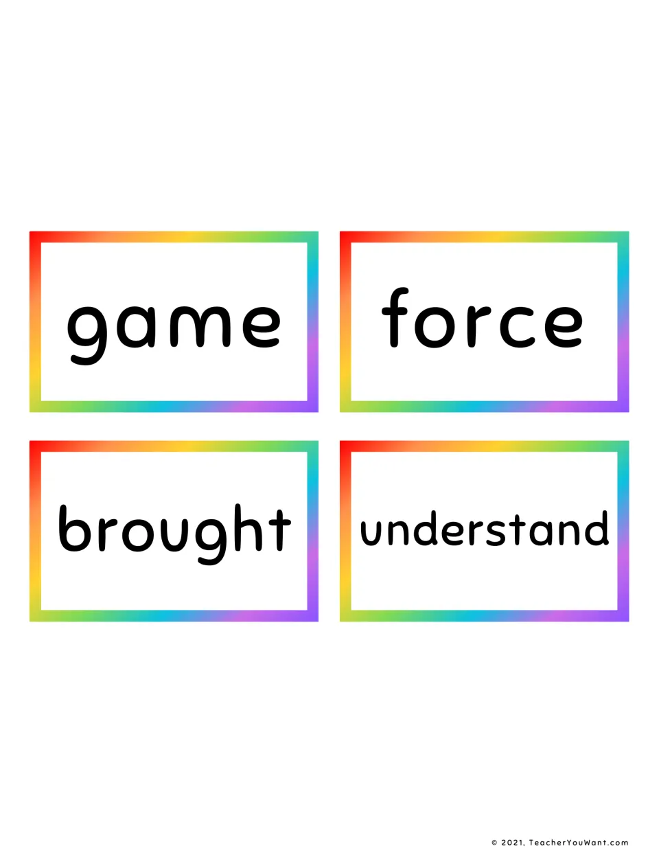Fry sight word flashcards 57–60: game, force, brought, and understand, for cut-apart reading practice