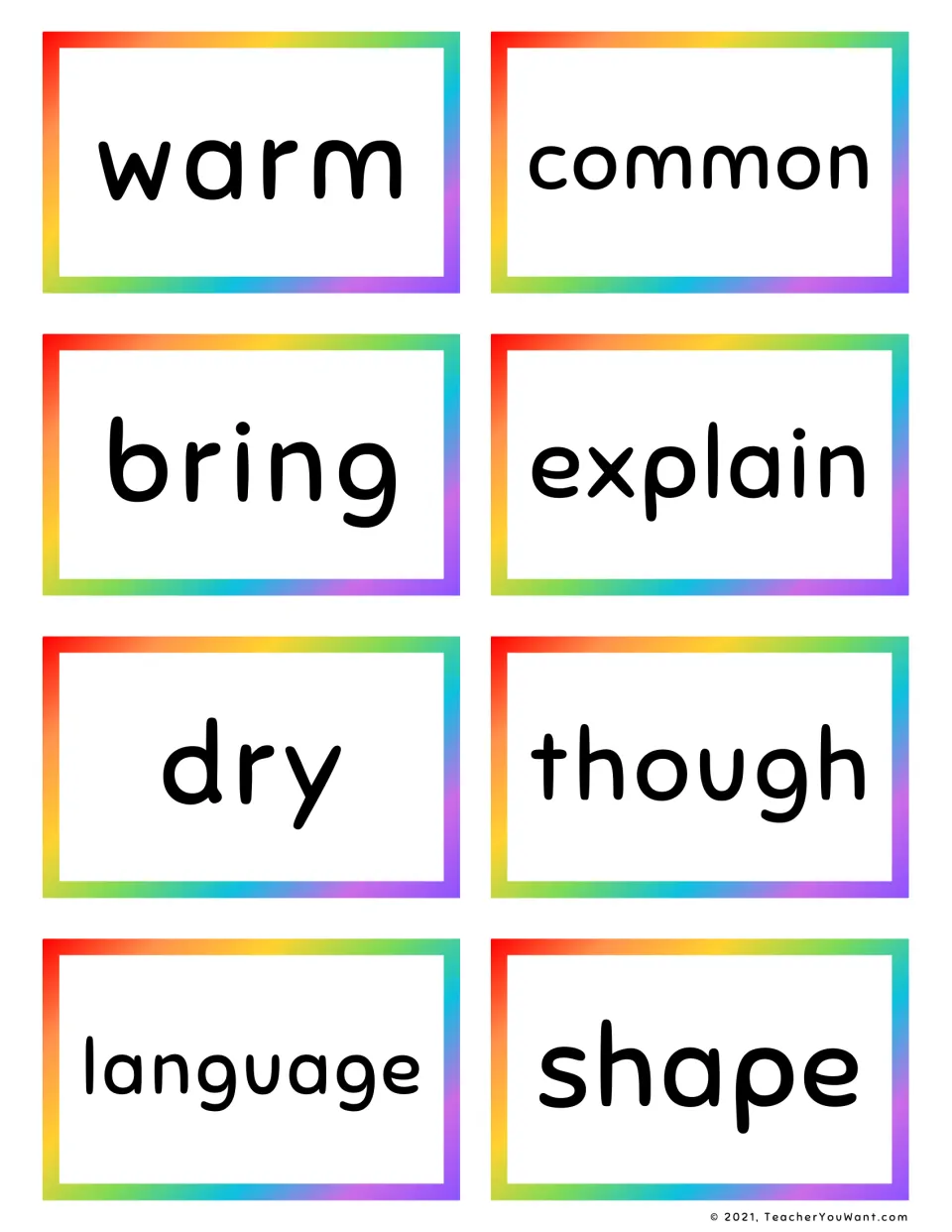 Fry sight word flashcards 61–68: warm, common, bring, explain, dry, though, language, and shape