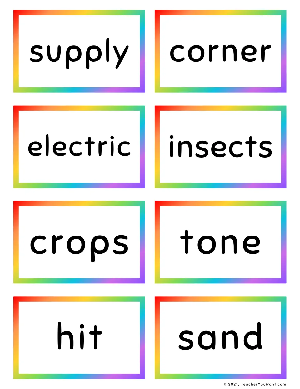 Sight word flash cards to cut apart and read: supply, corner, electric, insects, crops, tone, hit and sand