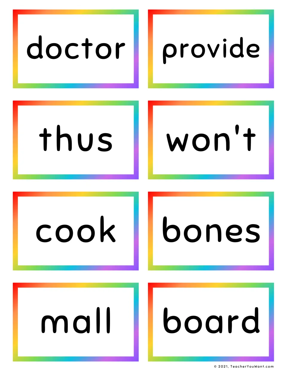 Fry word cards for reading practice: doctor, provide, thus, won't, cook, bones, mall and board