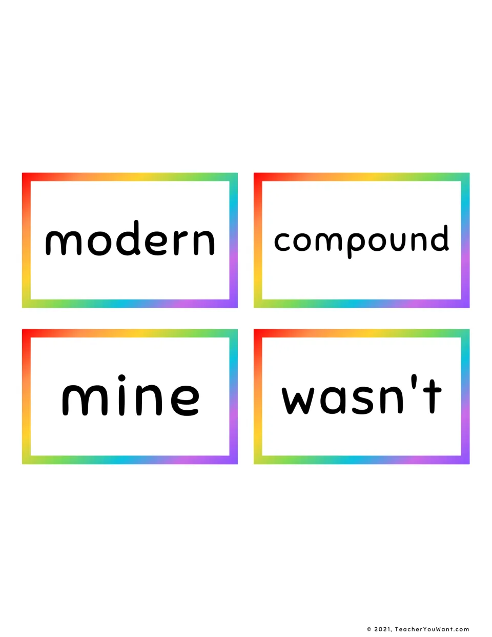 Four high-frequency word cards for reading by sight: modern, compound, mine and the contraction wasn't