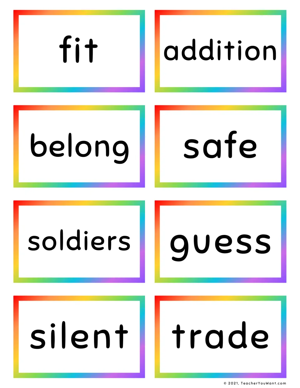 Word recognition cards to read aloud: fit, addition, belong, safe, soldiers, guess, silent and trade