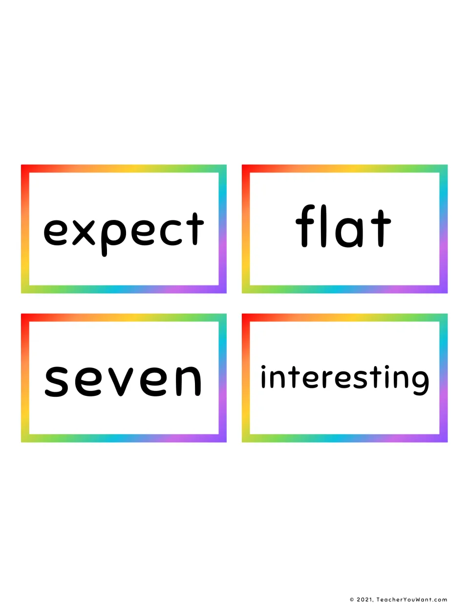 Four flash cards with high-frequency words to read on sight: expect, flat, seven and interesting
