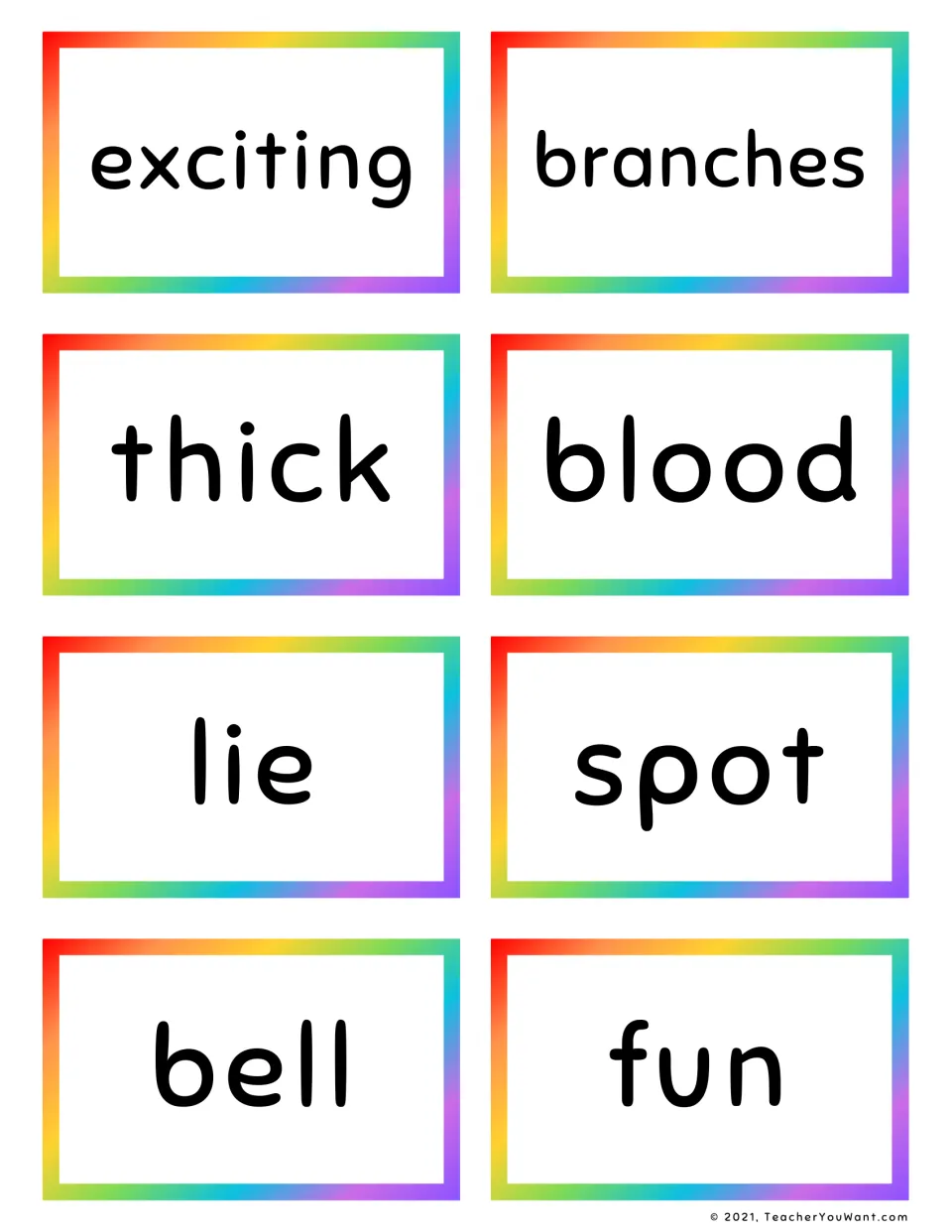 Reading practice cards with sight words exciting, branches, thick, blood, lie, spot, bell and fun