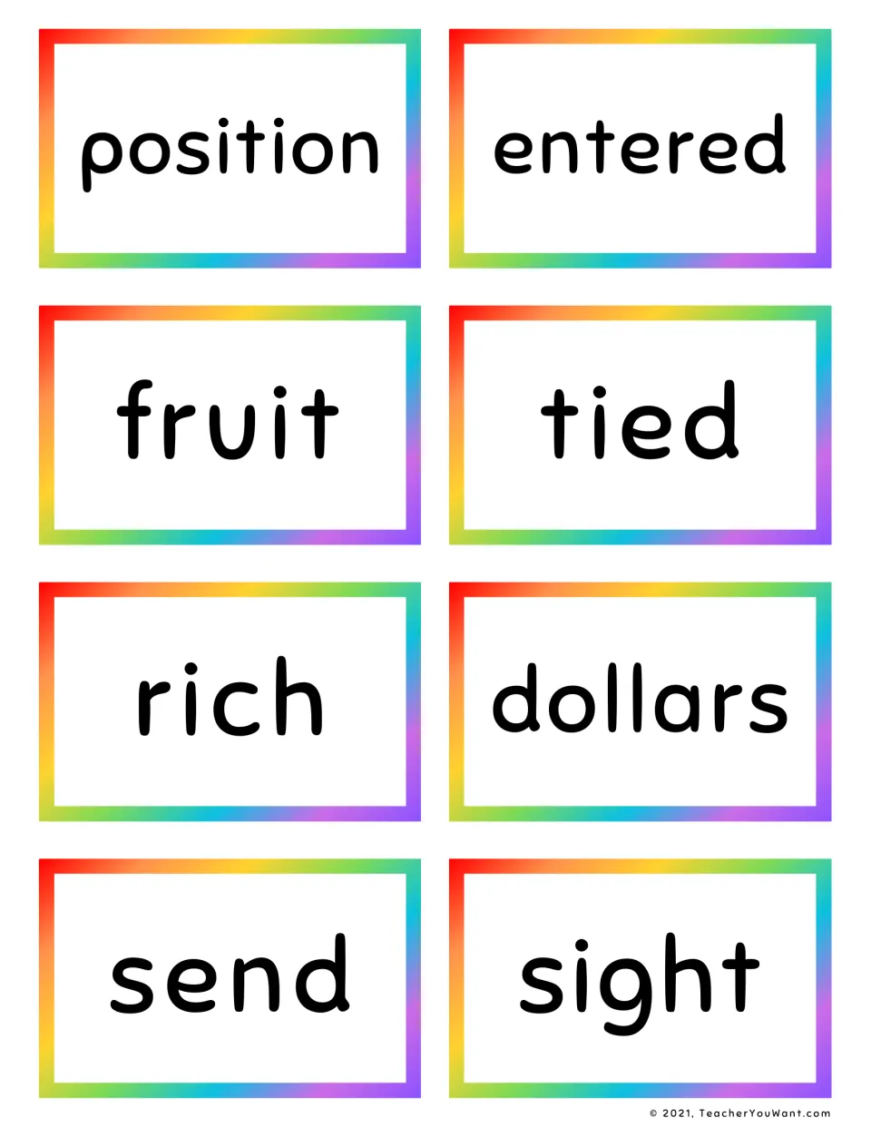 Fry word flash cards to read and review: position, entered, fruit, tied, rich, dollars, send and sight