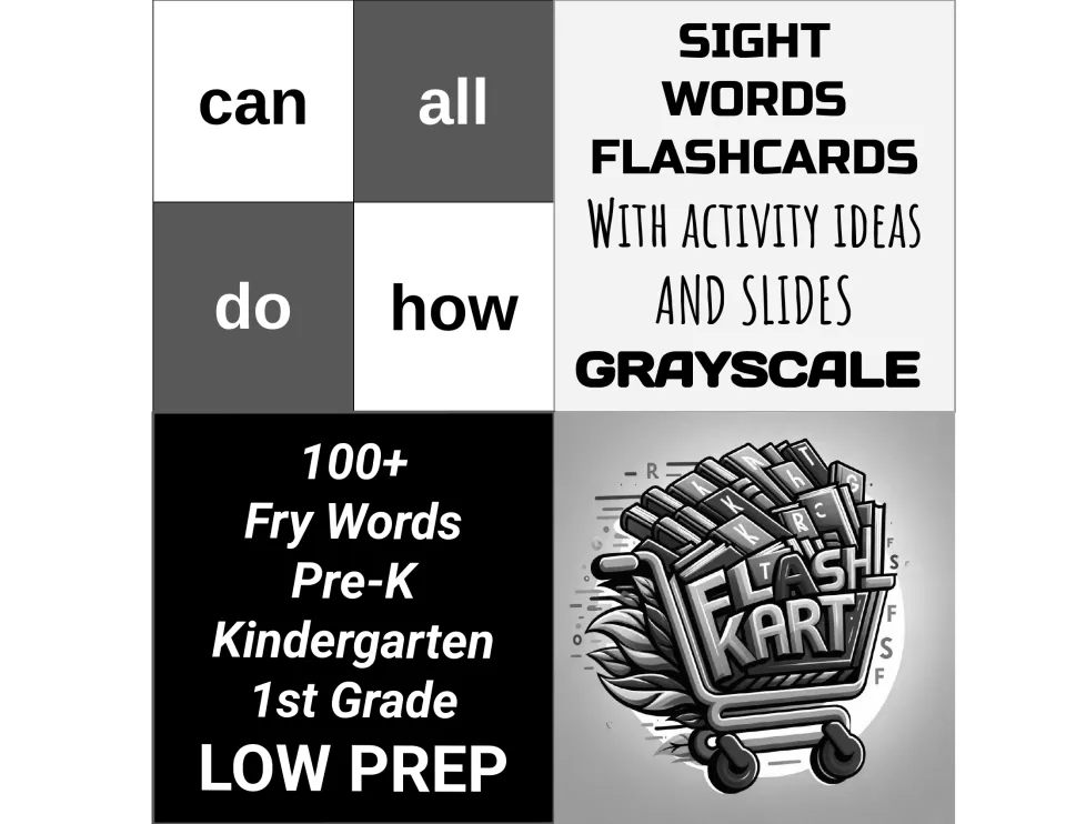 Cover: grayscale sight word flashcards with activity ideas and slides, 100+ Fry words such as can, all, do and how