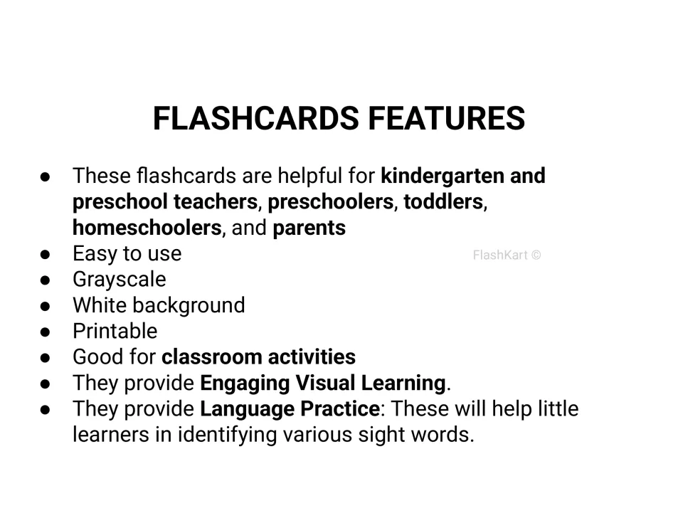 Flashcards features list: grayscale, white background, printable cards for classroom activities and sight word practice