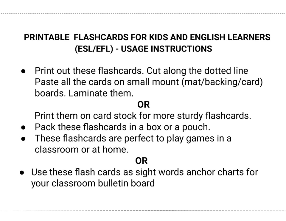 Usage instructions: print and cut the cards, mount and laminate or use card stock, then store in a box or pouch