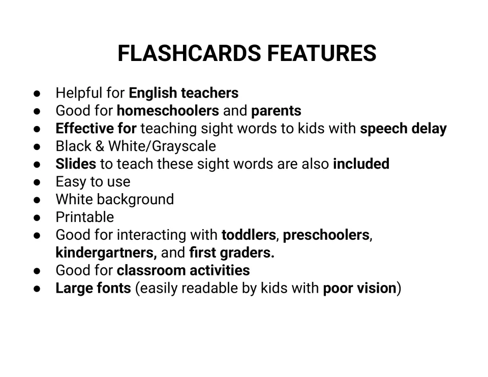 Second features list: black and white cards in large fonts, with slides included for teaching the same sight words