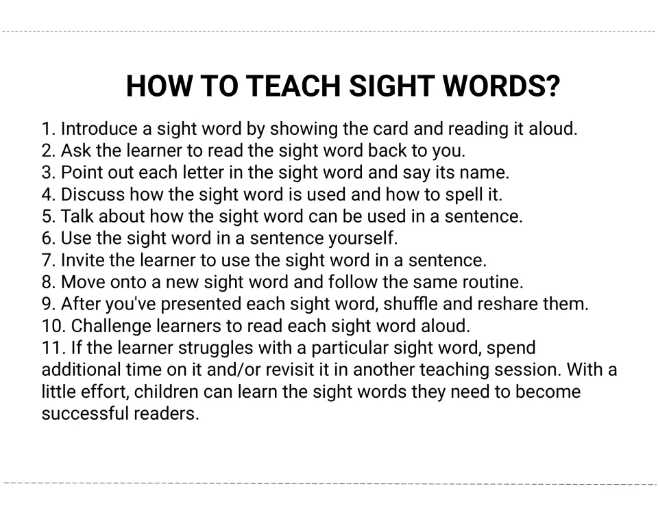 How to teach sight words: 11 steps to show a card, read it aloud, spell it, use it in a sentence, then shuffle and review