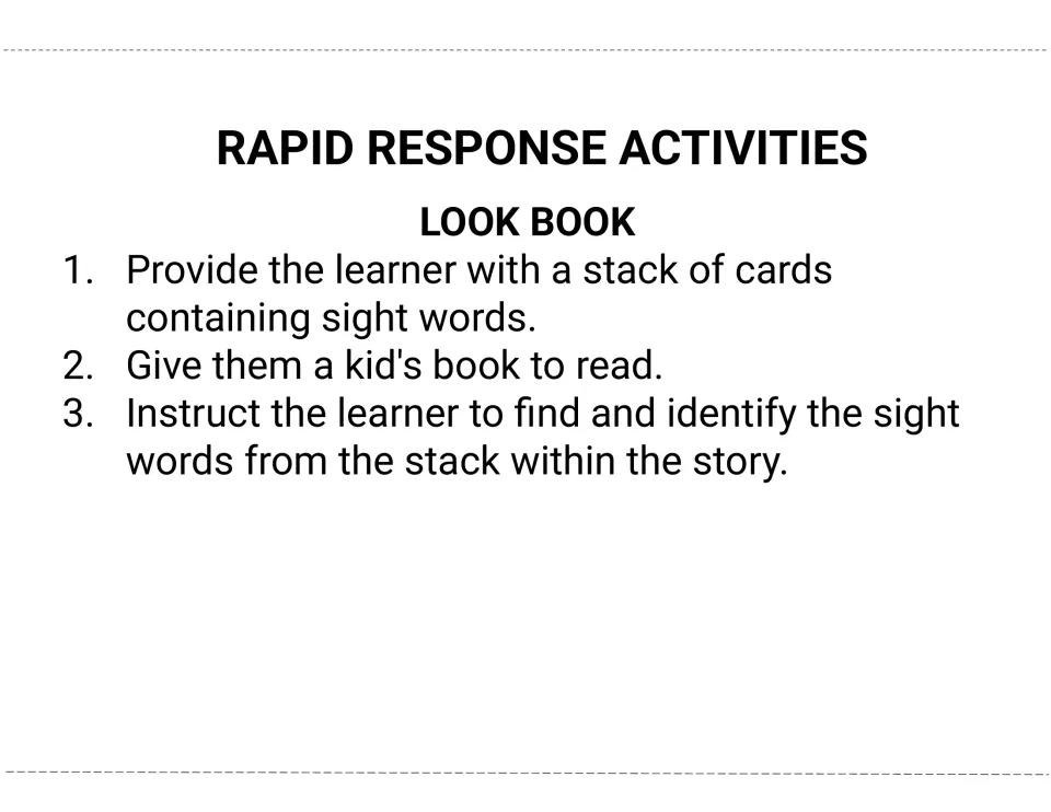 Look Book rapid response activity: learners hold a stack of sight word cards and find those words in a children's book