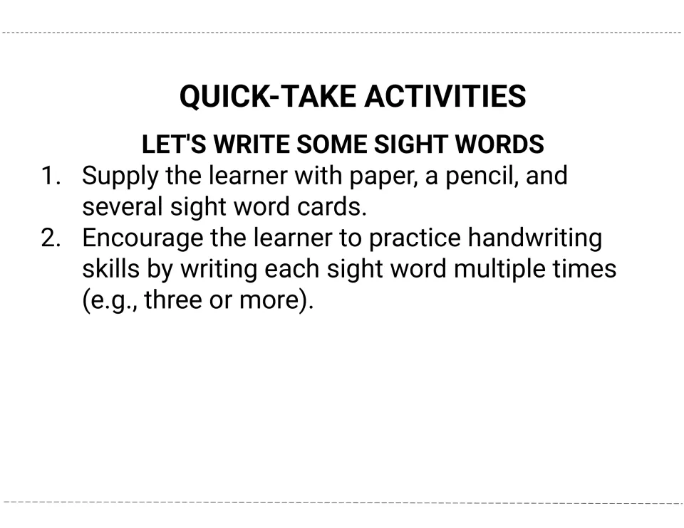 Let's Write Some Sight Words quick-take activity: learners copy each word from the cards three or more times on paper