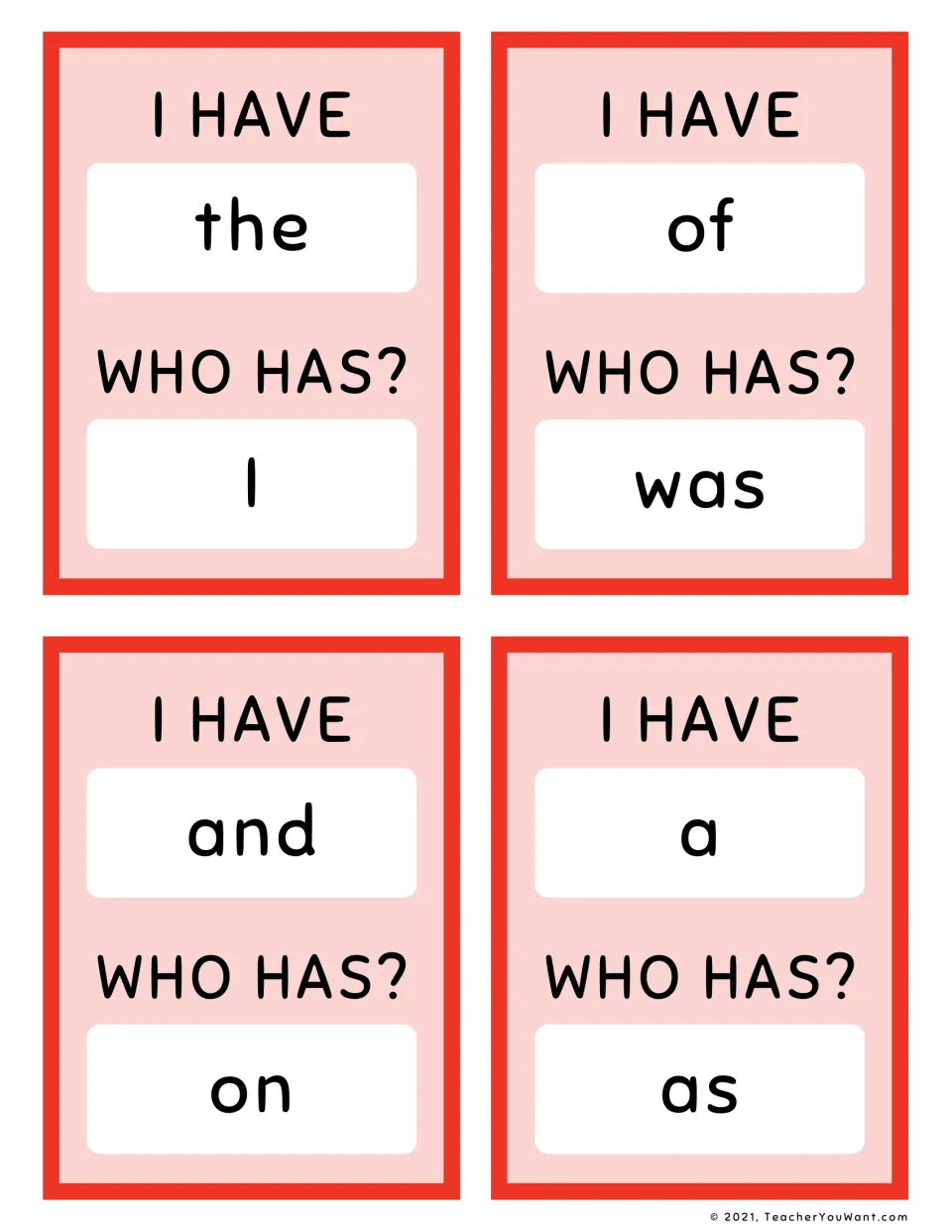 Red sight word game cards 1–4, with “I have / Who has?” pairs: the / I, of / was, and / on, a / as.