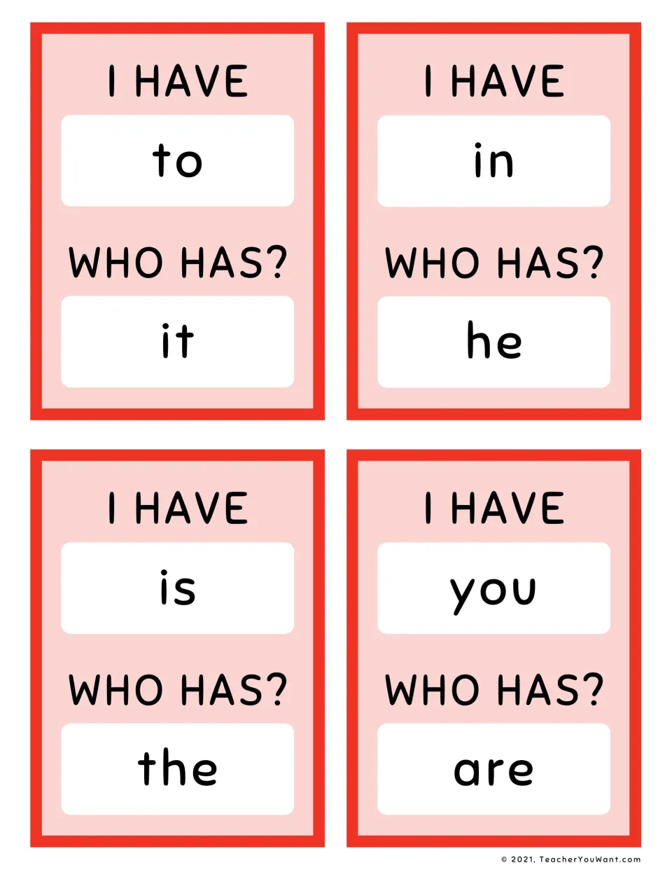 Red sight word game cards 5–8, with “I have / Who has?” pairs: to / it, in / he, is / the, you / are.