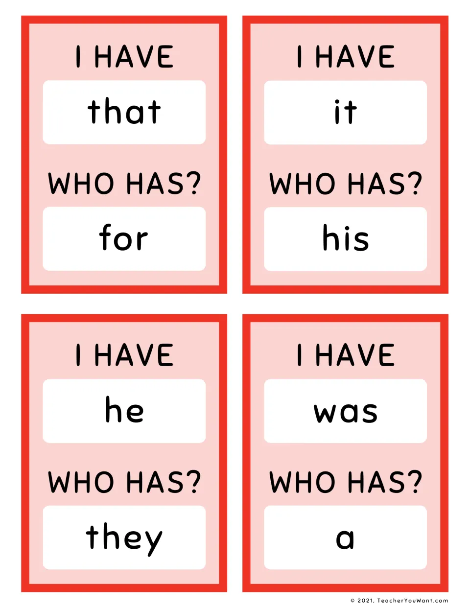 Red sight word game cards 9–12, with “I have / Who has?” pairs: that / for, it / his, he / they, was / a.