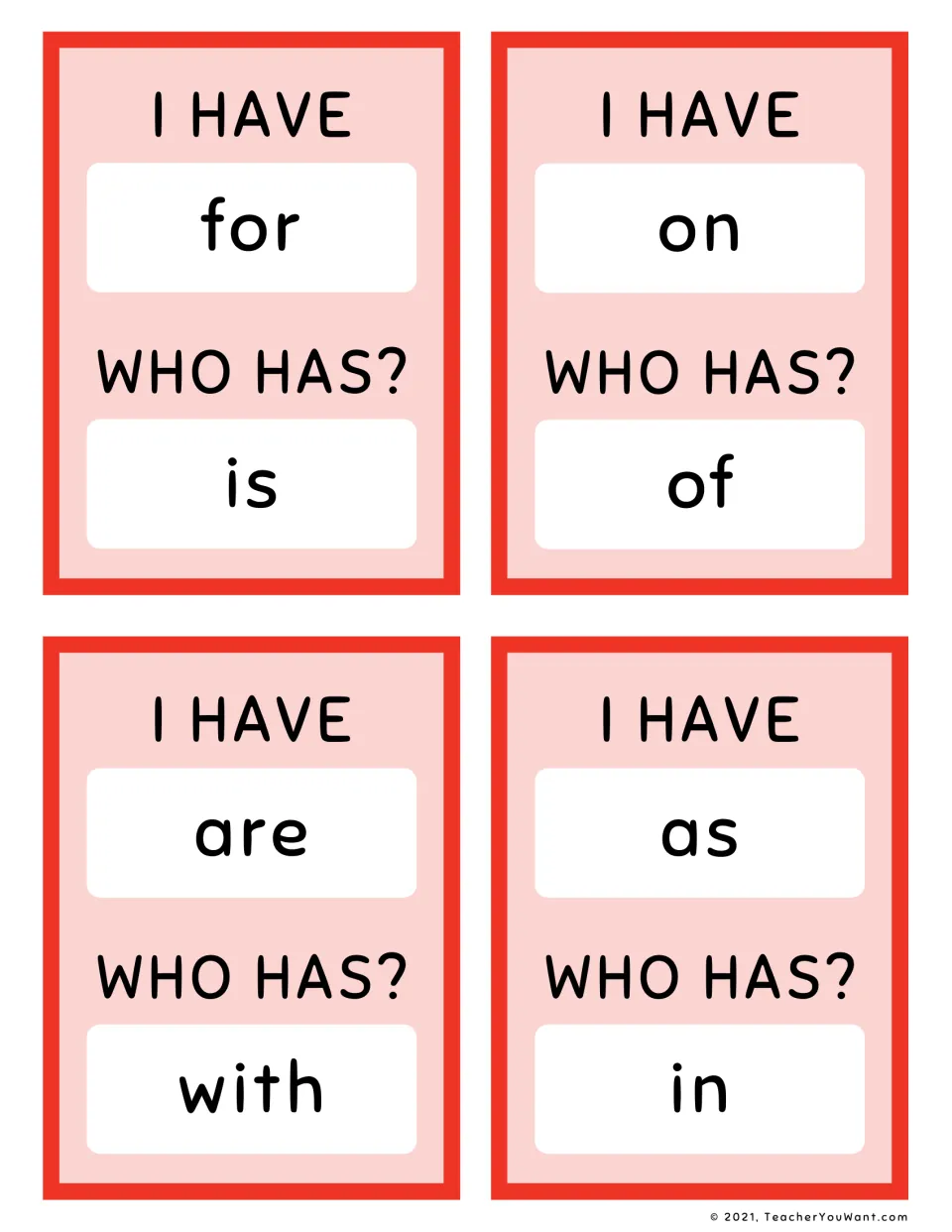 Red sight word game cards 13–16, with “I have / Who has?” pairs: for / is, on / of, are / with, as / in.