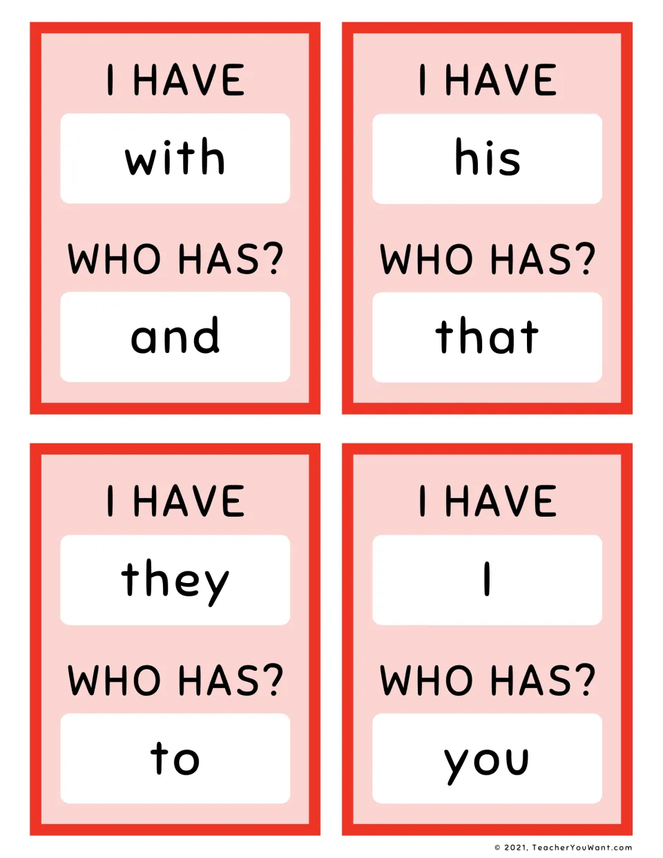 Red sight word game cards 17–20, with “I have / Who has?” pairs: with / and, his / that, they / to, I / you.
