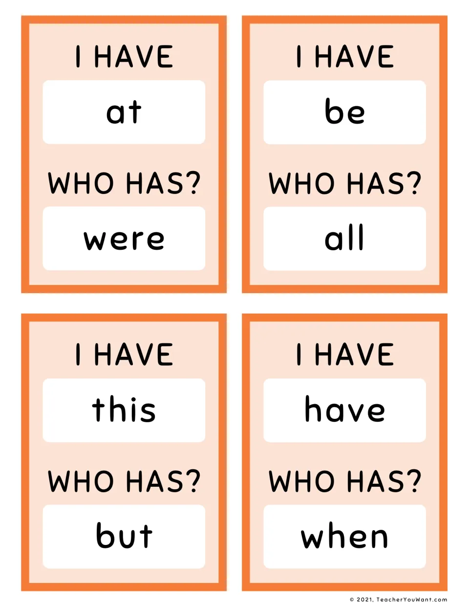Orange sight word game cards 21–24, with “I have / Who has?” pairs: at / were, be / all, this / but, have / when.