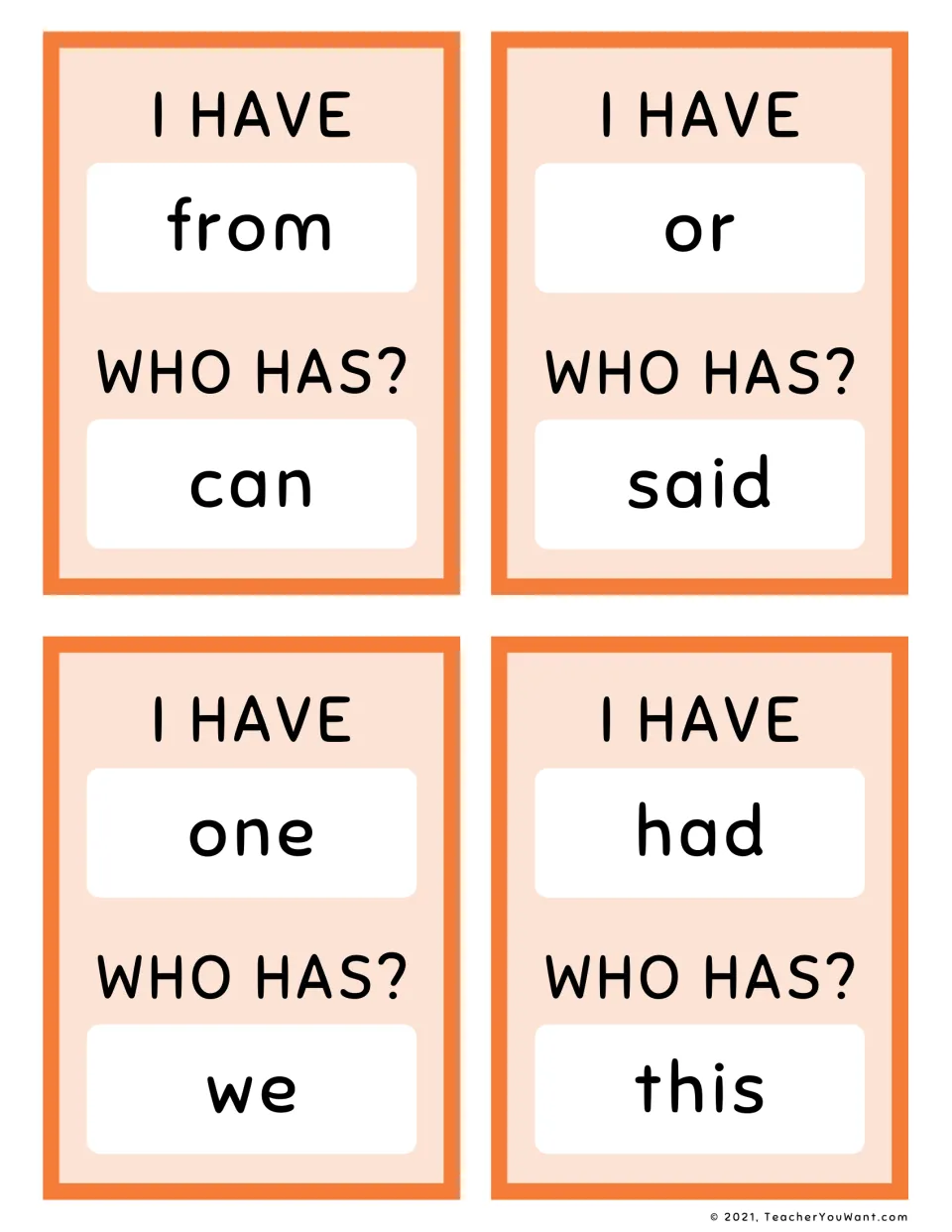 Orange sight word game cards 25–28, with “I have / Who has?” pairs: from / can, or / said, one / we, had / this.