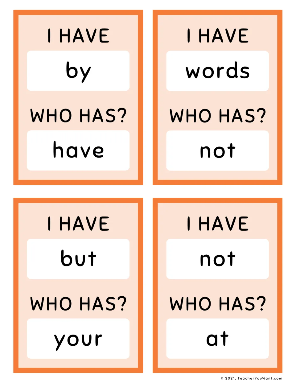 Orange sight word game cards 29–32, with “I have / Who has?” pairs: by / have, words / not, but / your, not / at.