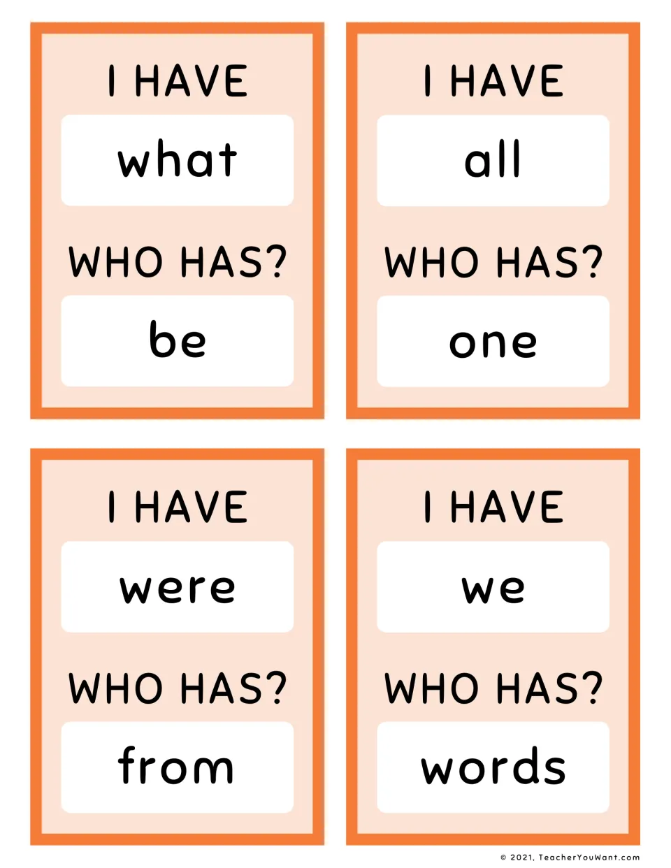 Orange sight word game cards 33–36, with “I have / Who has?” pairs: what / be, all / one, were / from, we / words.