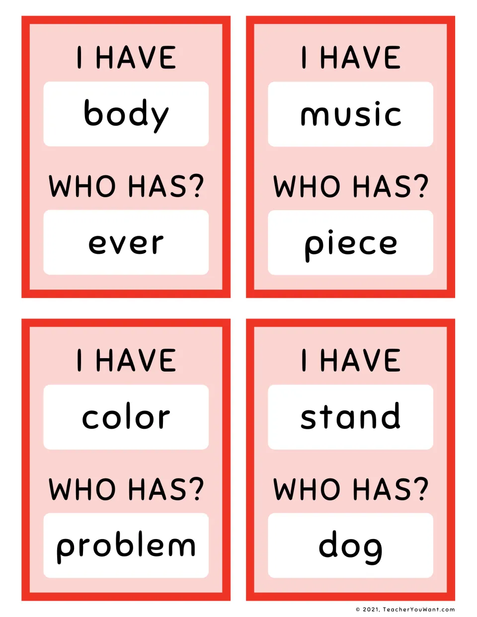 I Have, Who Has? sight word cards 1–4: body → ever, music → piece, color → problem, and stand → dog.