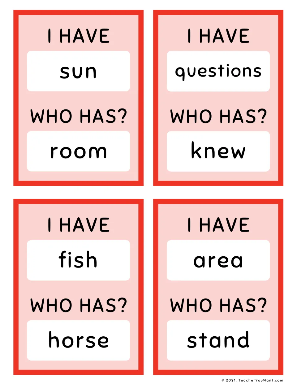 I Have, Who Has? sight word cards 5–8: sun → room, questions → knew, fish → horse, and area → stand.