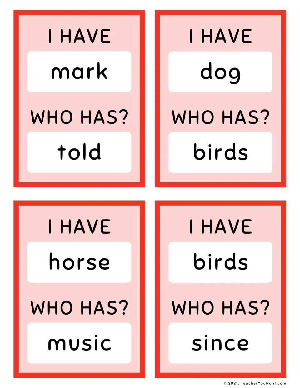 I Have, Who Has? sight word cards 9–12: mark → told, dog → birds, horse → music, and birds → since.