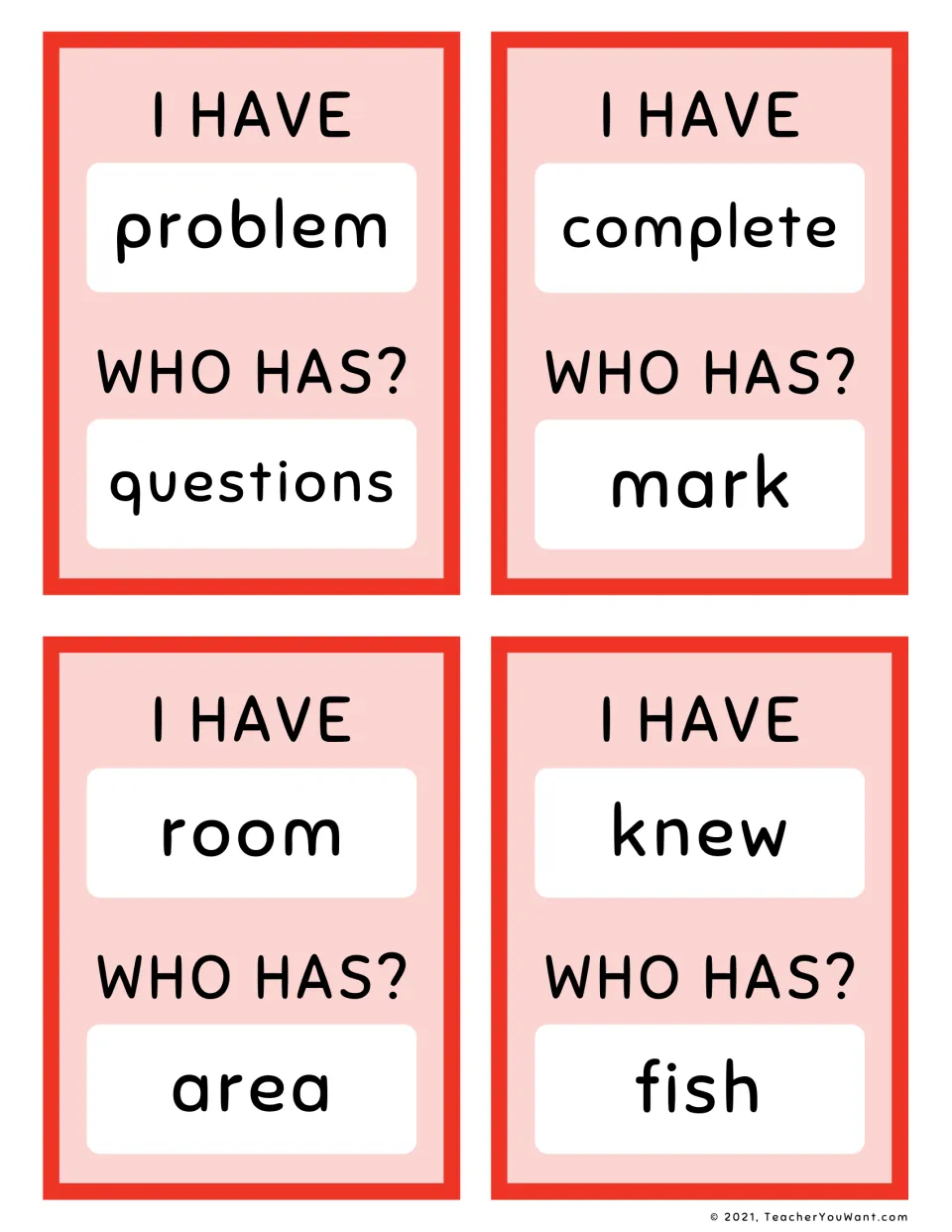 I Have, Who Has? sight word cards 13–16: problem → questions, complete → mark, room → area, knew → fish.