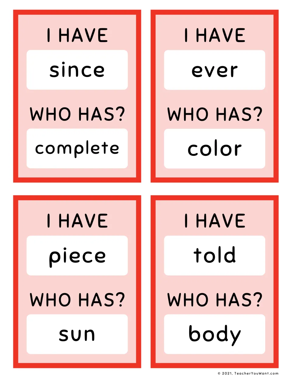 I Have, Who Has? sight word cards 17–20: since → complete, ever → color, piece → sun, and told → body.
