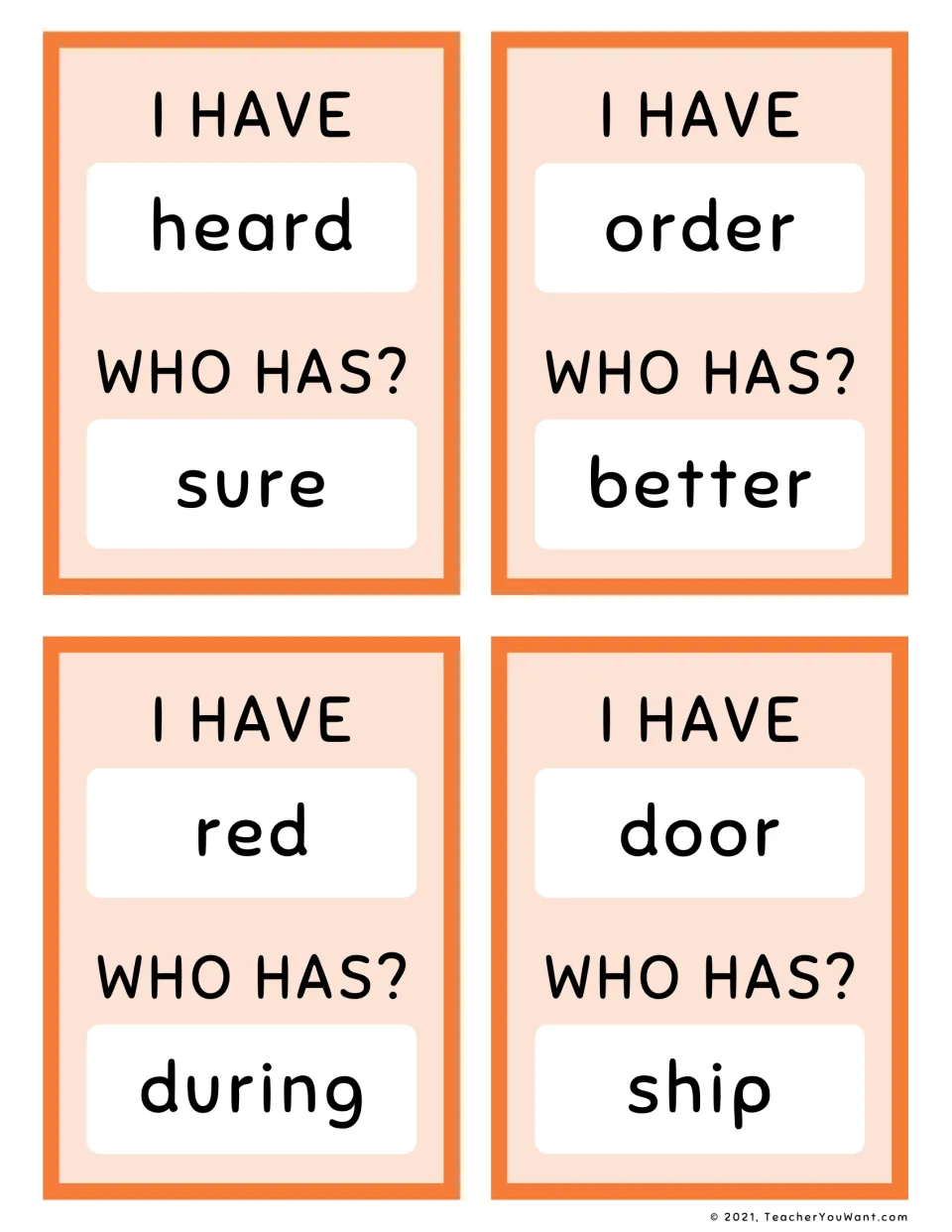 I Have, Who Has? sight word cards 25–28: heard → sure, order → better, red → during, and door → ship.