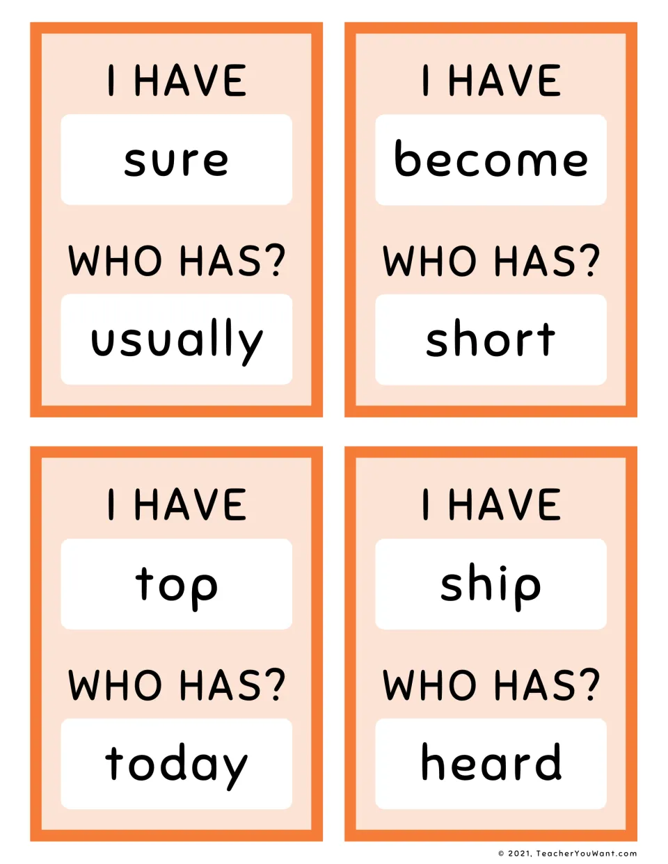 I Have, Who Has? sight word cards 29–32: sure → usually, become → short, top → today, and ship → heard.