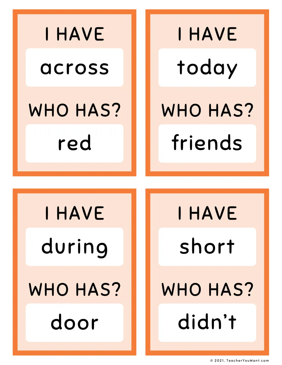 I Have, Who Has? sight word cards 33–36: across → red, today → friends, during → door, short → didn’t.