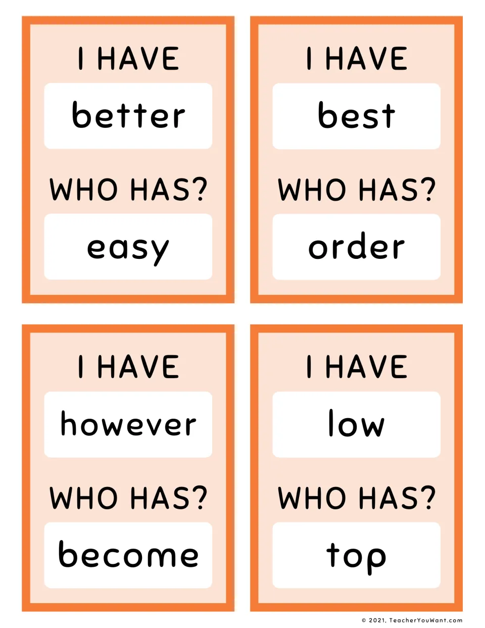 I Have, Who Has? sight word cards 37–40: better → easy, best → order, however → become, and low → top.