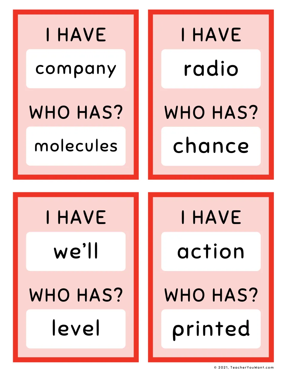 Fry sight-word loop cards 1–4: company to molecules, radio to chance, we’ll to level, and action to printed.