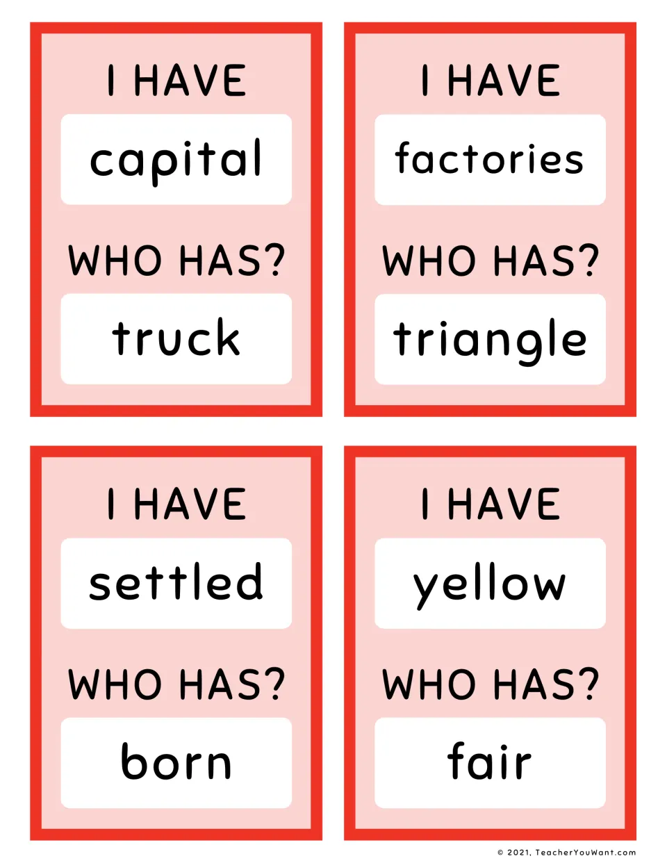 Fry sight-word loop cards 5–8: capital to truck, factories to triangle, settled to born, and yellow to fair.