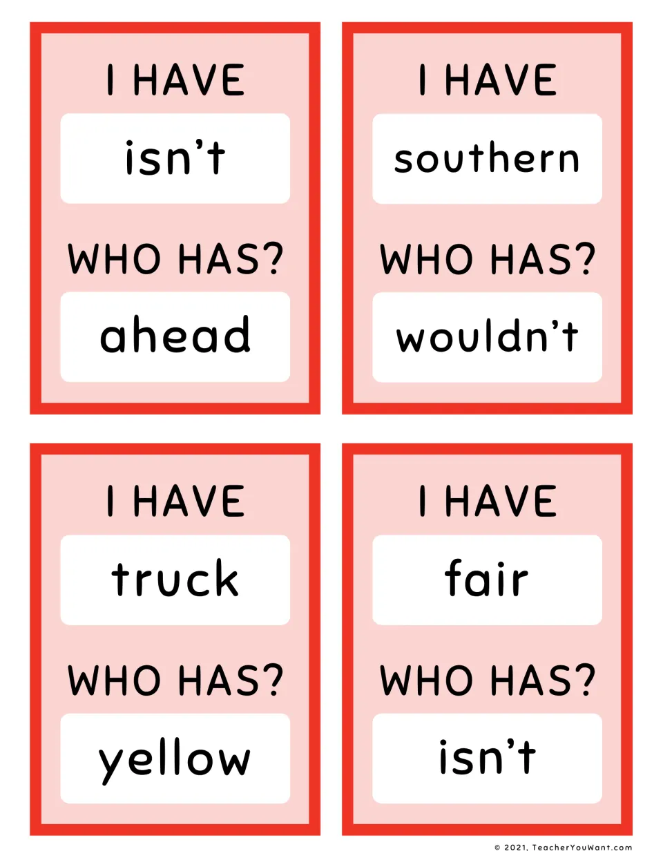 Fry sight-word loop cards 9–12: isn’t to ahead, southern to wouldn’t, truck to yellow, and fair to isn’t.