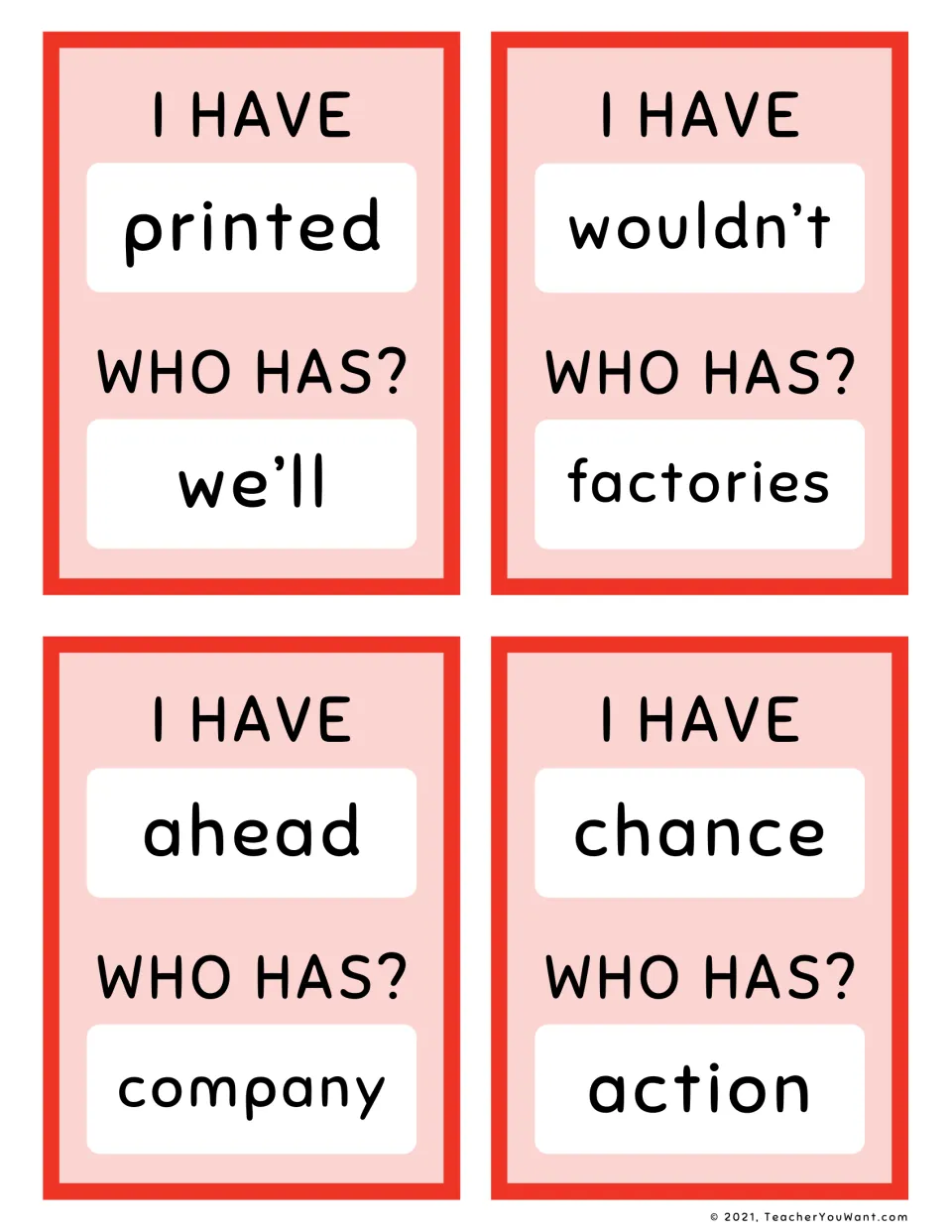 Fry sight-word loop cards 13–16: printed to we’ll, wouldn’t to factories, ahead to company, and chance to action.