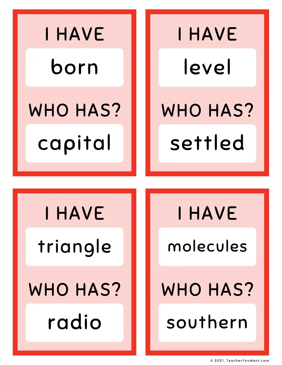 Fry sight-word loop cards 17–20: born to capital, level to settled, triangle to radio, and molecules to southern.