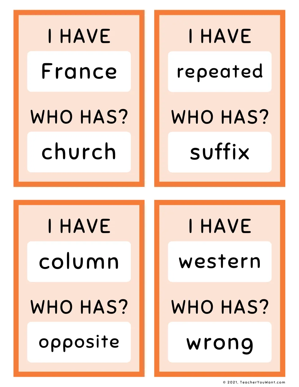 Fry sight-word loop cards 21–24: France to church, repeated to suffix, column to opposite, and western to wrong.