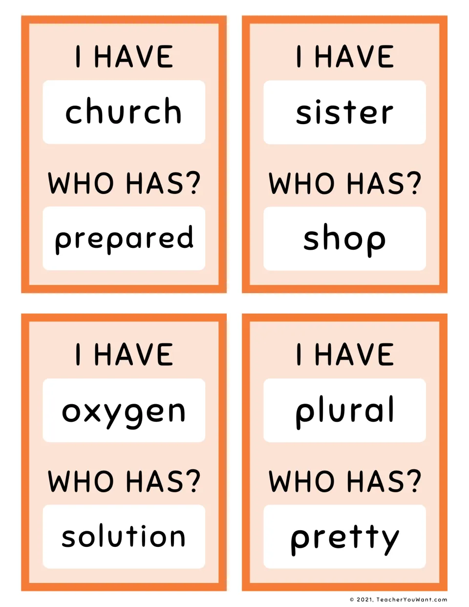 Fry sight-word loop cards 25–28: church to prepared, sister to shop, oxygen to solution, and plural to pretty.