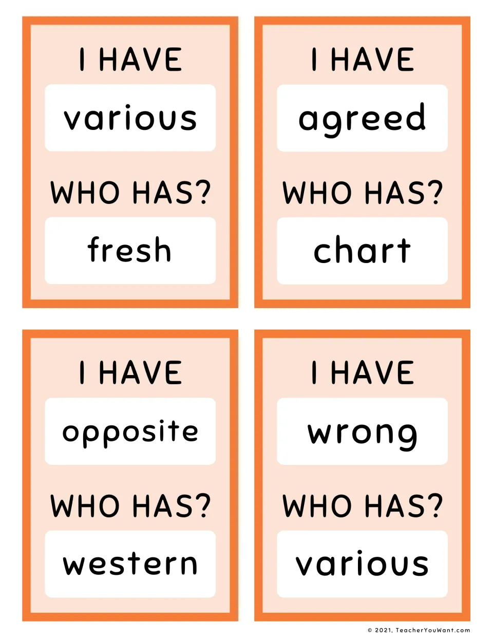 Fry sight-word loop cards 29–32: various to fresh, agreed to chart, opposite to western, and wrong to various.