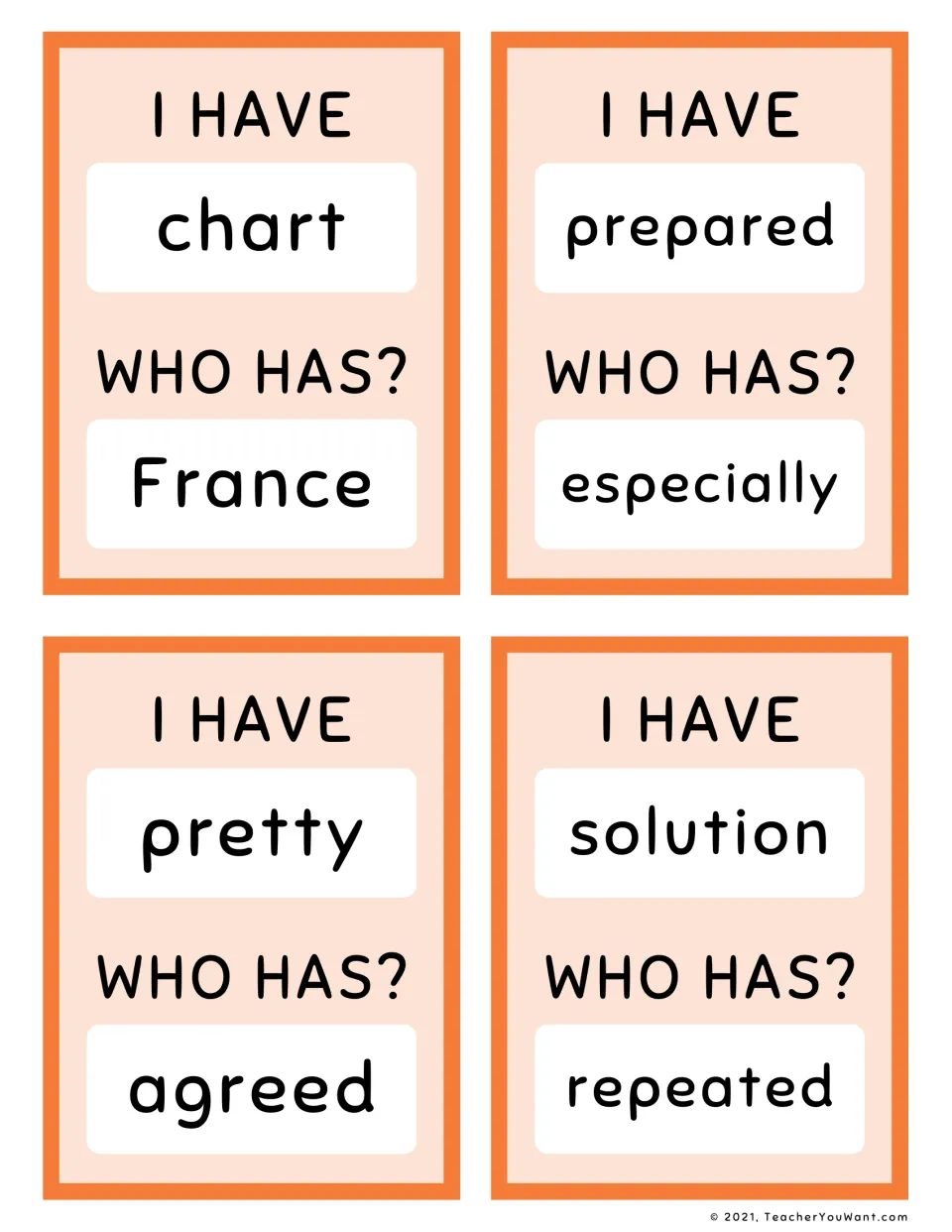 Fry loop cards 33–36: chart to France, prepared to especially, pretty to agreed, and solution to repeated.