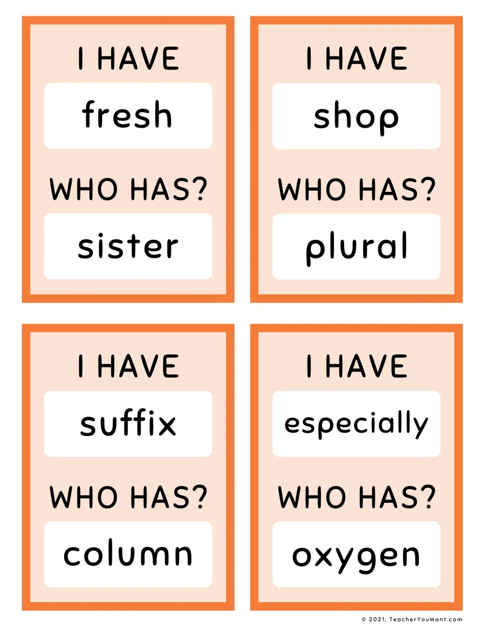 Fry sight-word loop cards 37–40: fresh to sister, shop to plural, suffix to column, and especially to oxygen.