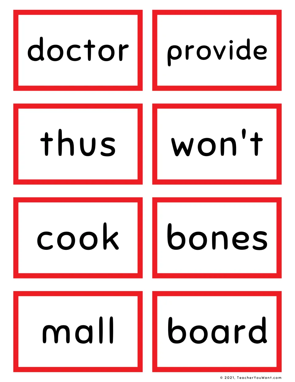 Sight word reading cards for doctor, provide, thus, won't, cook, bones, mall and board, printed one word per card