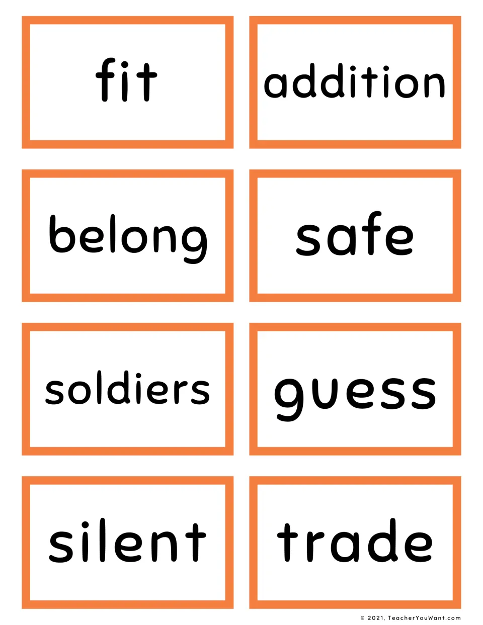 Word recognition cards for fit, addition, belong, safe, soldiers, guess, silent and trade for students to read aloud